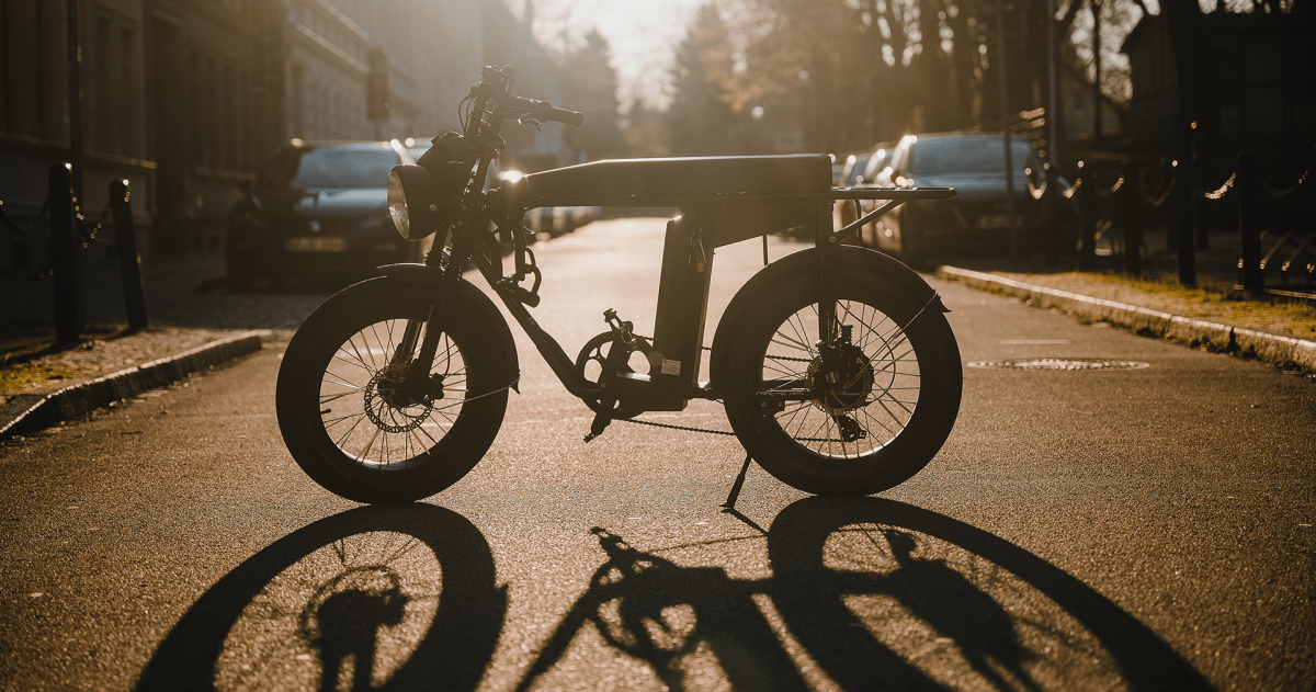 Fatbike met een zonsondergang op de achtergrond